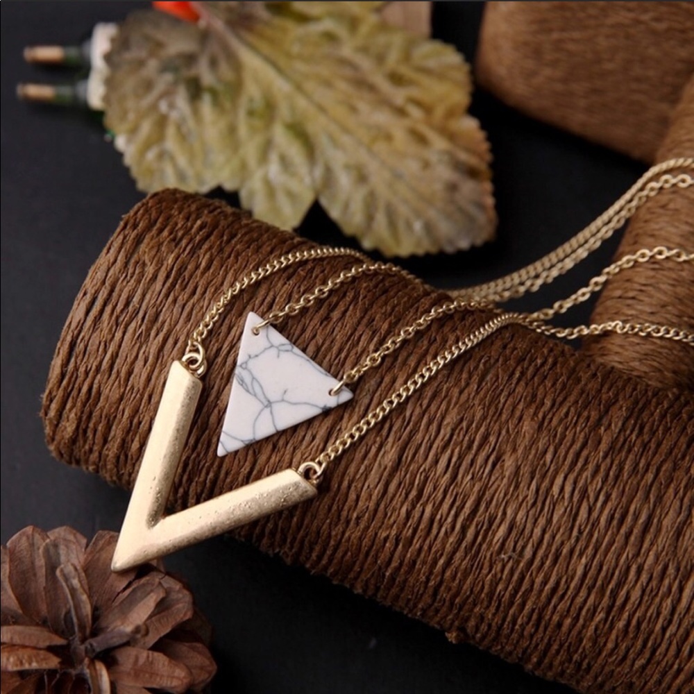 White Marble Stone Layered Triangle Necklace - Picture 7 of 7